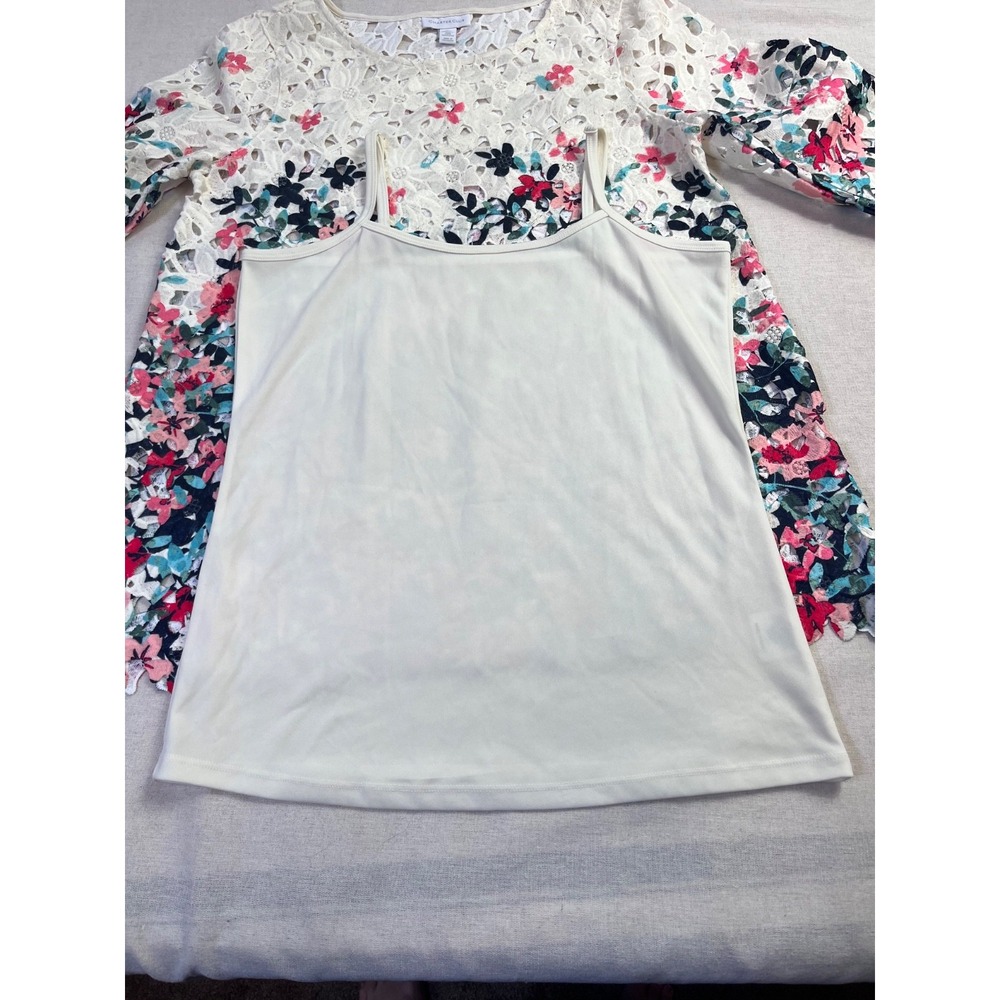 Charter Club Floral Print Eyelet Lace Ivory Blouse & Cami sz S Cottagecore - Picture 7 of 16